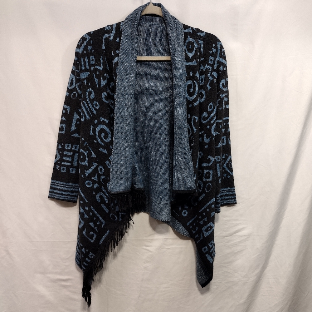 Women's Aztec Asymmetrical Fringe Cardigan Size S Black Blue Boho Art to Wear